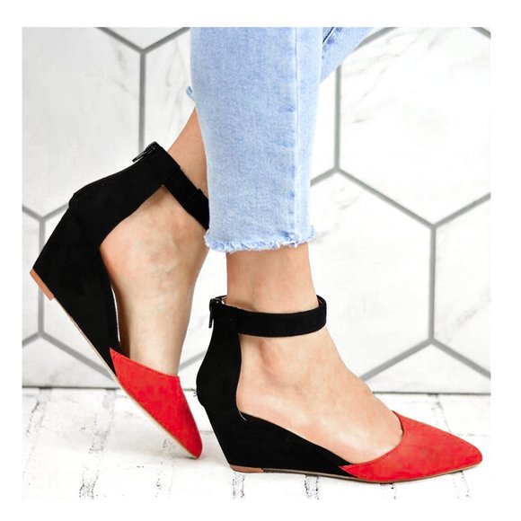 Kick Ass Red & Black Microsuede Ankle Strap Wedges NWT SZ 6.5 - Picture 3 of 16